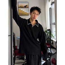 批发黑色麦穗纹polo衫男春秋季cleanfit卫衣美式重磅内搭打底<b class='q'>长袖</b><b class='q'>t</b><b class='q'>恤</b>