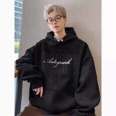 批发【 麂皮绒连帽卫衣<b class='q'>男</b>秋季新款宽松百搭字母钢印休闲美式外套潮流