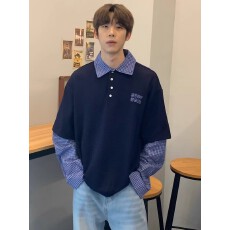 批发【假两件衬衫拼接小香风文艺范<b class='q'>男生</b>领套袖卫衣叠穿翻领长袖<b class='q'>t</b><b class='q'>恤</b>潮