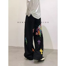 批发秋季男装美式高街休闲裤<b class='q'>克</b><b class='q'>罗</b><b class='q'>星</b>贴补绣宽松弯刀直筒阔腿裤痞帅