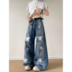 批发<b class='q'>夏</b>季美式星星牛仔裤男2025新款宽松直筒男裤潮牌水洗阔腿裤子男款