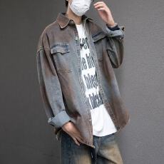 批发<b class='q'>日系</b><b class='q'>复古</b>做旧水洗牛仔衬衫男长袖春秋新款宽松翻领衬衣休闲外套潮