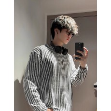 批发【雪尼尔】鱼骨纹小香风v领T恤男秋季套头卫衣内搭美式亨利打底衫