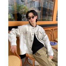 批发【 丹宁白原牛仔外套明线拼接休闲无领短款夹克割破工艺男女<b class='q'>潮</b>流