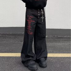 批发排扣直筒裤刺绣牛仔】红字母拼接十字架牛仔裤男高街<b class='q'>嘻哈</b>亚比裤子