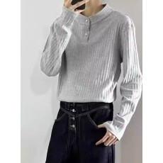 批发2025秋华夫格亨利领时髦长袖T恤男士百搭宽松复古体恤衫休闲上衣