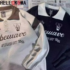 批发2025潮牌<b class='q'>港风</b>拼色长袖Polo衫男刺绣字母美式复古宽松半拉链卫衣