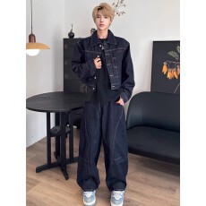批发套装一套】短款<b class='q'>牛仔</b>外套<b class='q'>男</b>生秋季酷帅套装工装夹克搭配弯刀<b class='q'>牛仔</b>裤