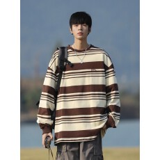 批发华棉】<b class='q'>日系</b><b class='q'>复古</b>条纹卫衣男春秋季vintage潮宽松休闲情侣长袖体恤