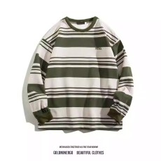 批发【华棉】<b class='q'>日系</b><b class='q'>复古</b>条纹卫衣男圆领宽松撞色长袖打底衫春秋休闲上衣