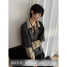 批发2025潮流格纹小熊拼接V领长袖假两件POLO衫宽松休闲上衣男