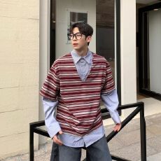 批发【条纹拼接假两件衬衫秋季新品拼接设计感衫男装宽松高级感长袖