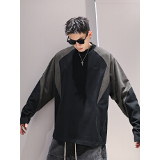 批发2025插肩袖拼色重磅圆领长袖T恤男春秋潮牌高级感运动卫衣上衣潮