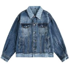 批发水洗牛仔夹克男女<b class='q'>日系</b>假两件宽松嘻哈牛仔衣格子拼接上衣<b class='q'>复古</b>外套