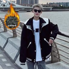 批发【加网格棉厚龙凤尼加厚撞色夹克高街百搭棒球<b class='q'>服</b>潮牌翻领外套男
