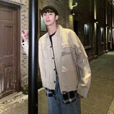 批发假两件工装长袖<b class='q'>衬衫</b><b class='q'>男生</b>春秋季高级感痞帅港风夹克帅气<b class='q'>衬衣</b>外套