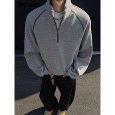 批发【300克华棉秋季<b class='q'>复古</b>简约纯色半拉链套头卫衣男潮牌<b class='q'>日系</b>宽松百搭