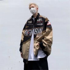 批发全刺绣】外套男春秋季街头痞帅<b class='q'>嘻哈</b>棒球赛车服宽松印花机车服夹克