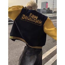 批发龙凤尼拼皮毛巾绣外套】棒球<b class='q'>服</b>外套男女秋冬撞色拼皮廓形情侣夹克