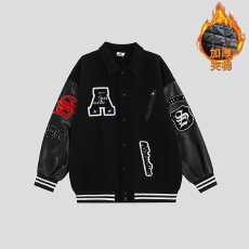 批发龙凤尼刺绣加厚夹棉】情侣美式植绒LOGO棒球<b class='q'>服</b>宽松春秋冬夹克外套