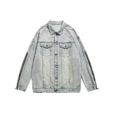 批发美式街头<b class='q'>嘻哈</b>做旧水洗牛仔外套男秋潮牌宽松风休闲痞帅翻领夹克衫