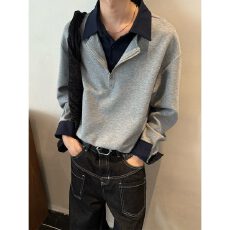 批发2025秋季新款时尚洋气百搭假两件翻领长袖气质打底衫男女休闲上衣