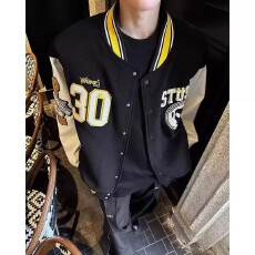 批发【龙凤尼毛巾绣夹克皮革拼接刺绣棒球<b class='q'>服</b>外套男潮牌痞帅街头小众