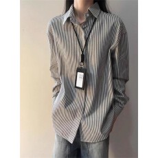 批发【骑兵斜条纹衬衫 长袖男秋季美式复古内搭叠日系慵懒学院风外套