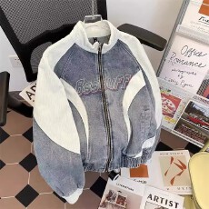 批发【牛仔拼接复古做旧牛仔夹克男棒球服美式水洗立领小众设计外套