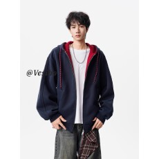 批发【华棉美式拼色连帽卫衣男女秋季潮牌情侣<b class='q'>外套</b>复古高街百搭帽衫