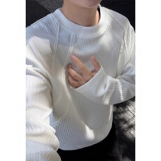 批发【蛇纹肌理感长袖t恤男秋季美式版型拼接上衣小领口内搭打底衫