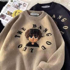 批发刺绣卡通毛衣】美式圆领<b class='q'>针织衫</b>男女ins潮牌宽松设计百搭套头毛衣