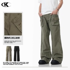 批发双侧拉链口袋水洗工装】微喇裤男女<b class='q'>春</b>秋高街vibe显瘦复古直筒休闲