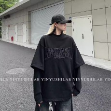 批发无性别穿搭<b class='q'>秋</b>季美式高街字母刺绣宽松立领假两件卫衣男女款