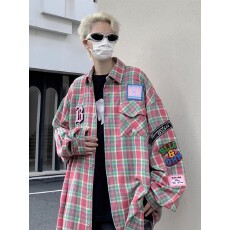刺绣衬衫长袖ins设计感格子衬衣男春秋季宽松情侣休闲外套