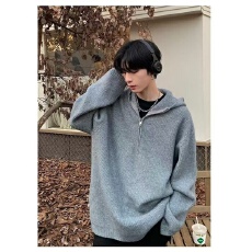 连帽毛衣简约潮牌半拉链秋季慵懒风针织衫oversize外套男上衣