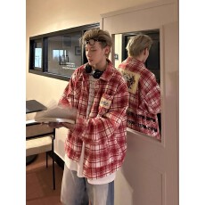 毛呢刺绣2025潮牌美式拼色设计感格子长袖衬衫秋男女宽松外套