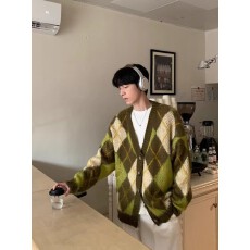 鹿毛绒美式潮V领菱格撞色毛衣开衫ce外套男女cleanfit针织衫