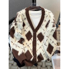 批发【长水貂毛刷毛+北极绒开衫小众菱毛衣<b class='q'>男</b>女秋冬学院风针织衫