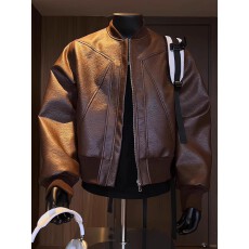 皮衣夹克皮衣外套男秋短款boxy机车皮夹克美式立领棒球服