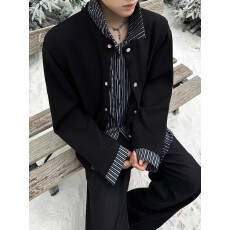 批发【假两件】拼接<b class='q'>条纹</b>衬衫卫衣男装痞帅翻领高级感衬衣<b class='q'>开衫</b>外套