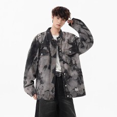 批发【牛仔<b class='q'>外套</b>】美式设计感高街扎染工装夹克ins潮牌宽松炸街上衣男