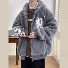 批发【羊羔绒绣花 秋冬外套男连帽青少年潮牌ins痞帅休闲网红港