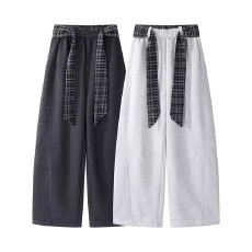 休闲裤简约拼接格纹腰头弯刀阔腿下半身休闲裤男女春秋长裤