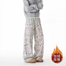 加绒灯芯绒重磅报纸满印休闲裤男女冬加厚直筒美式慵懒风