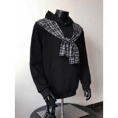 华棉复合格子披肩假两件连帽卫衣男女秋季小众慵懒情侣