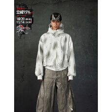 华棉垫肩珍珠点缀脏染喷绘连帽拉链卫衣男短款开衫上衣外套