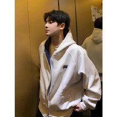 韩版复古小众白刺绣连帽卫衣开衫秋季高级感宽松休闲帽衫外套