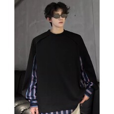 黑色美式插肩袖撞色圆领卫衣男潮牌重磅宽松条纹运动套头情侣外套