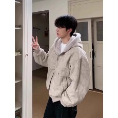 扎染插毛棉衣加绒连帽男冬季大理石纹座山雕外套保暖夹克